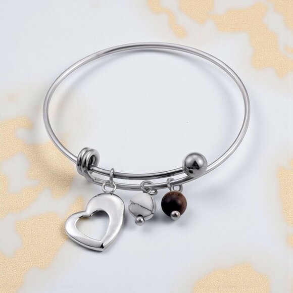 🆕️18K Gold Plated LARGE Boho Bangle with Heart Tiger's Eye & Magnesite Charms ✨ - Picture 6 of 10